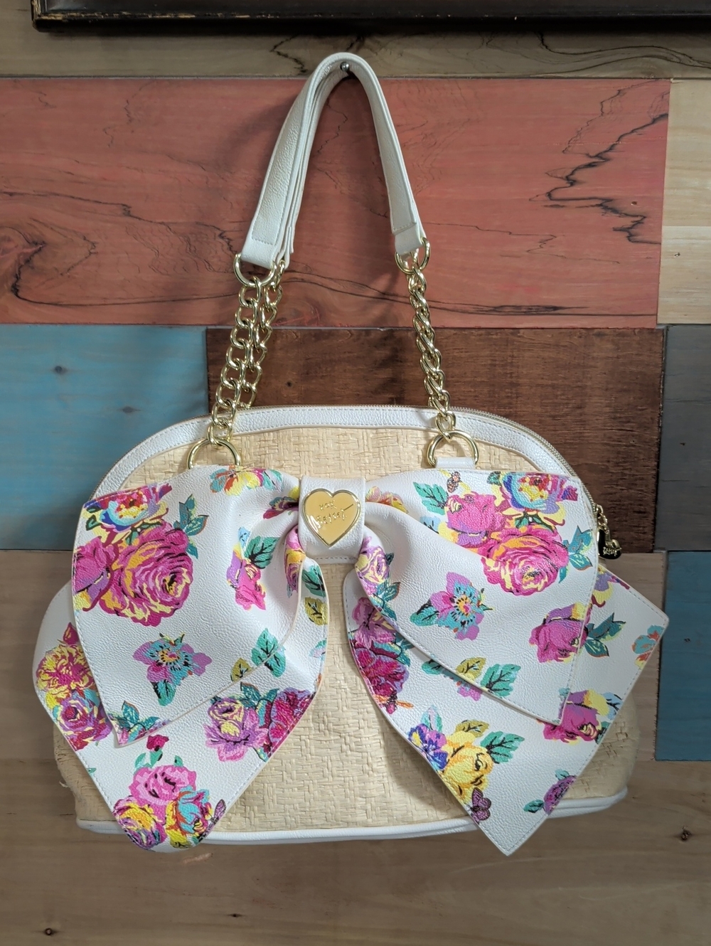 Betsey Johnson White Floral Bow Tote with Gold Chain Handles